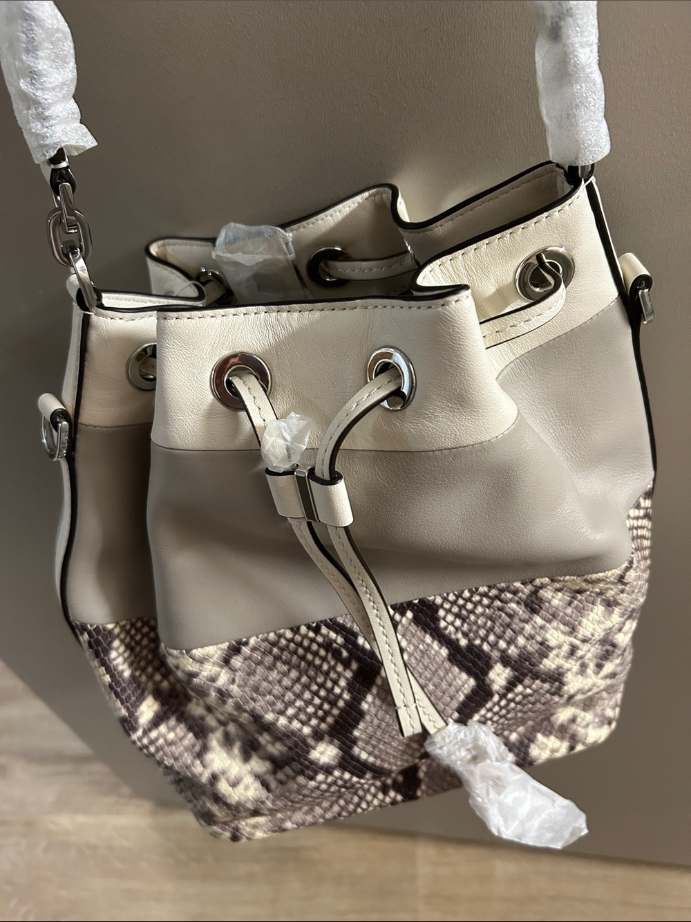 Michael Kors Handbag Dottie Large Python Trim Leather Bucket Bag